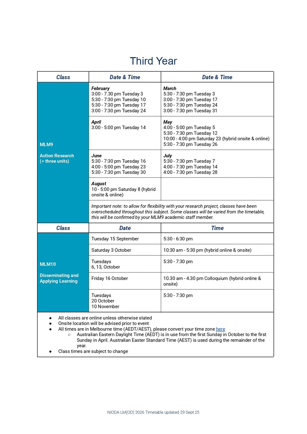 Timetable Third Year